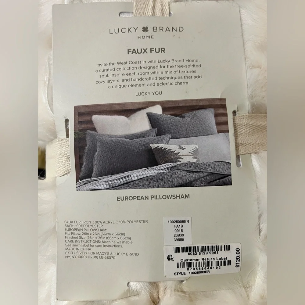 NWT Lucky Brand Faux Fur Ivory European Sham